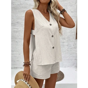 Keten Yazlık Dekolteli Kolsuz Bluz Şort Ikili Takım