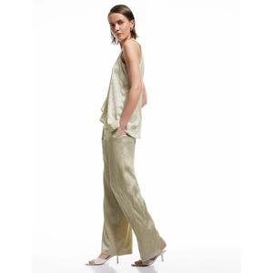 Beli Bağlamalı Yüksek Bel Geniş Paça Dokulu Saten Pantolon