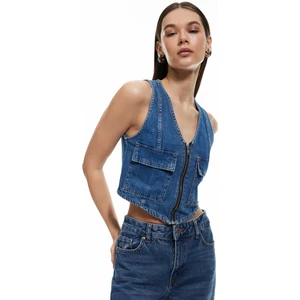 Fermuarlı Cepli V Yaka Pamuklu Kolsuz Denim Yelek