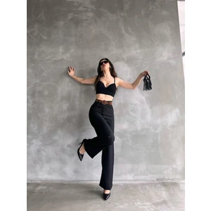 Caddebostan Moda Beli Kemerli Keten Kadın Siyah Pantolon
