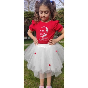 Novy Baby 23 Nisan Atatürk Baskılı Omuzu Kolu Fırfırlı Tişört Kız Çocuk - 2-9 Yaş - Kırmızı Gri Simli - 2088