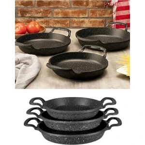 Granit Wok Tava Seti 22 cm Siyah Desenli 3 Parça Mutfak