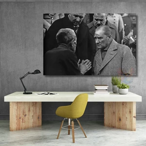 Atatürk ve Halk Temalı Siyah Beyaz Kanvas Tablo Modeli Yatay Duvar Tablosu