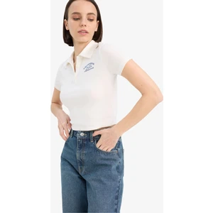 Fitted Polo Yaka Baskılı Ribana Kısa Kollu Beyaz Tişört D1095AX25SM