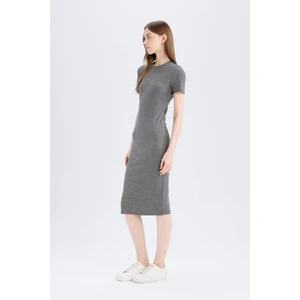 Bodycon Vücudu Saran Bisiklet Yaka Basic Düz Fitilli Kaşkorse Kısa Kollu Midi Elbise E6926AX25SP
