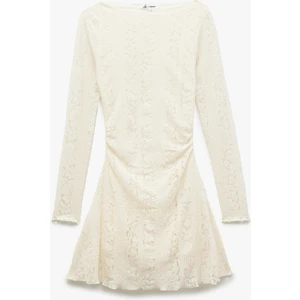 Volanlı Kayık Yaka Uzun Kollu Rahat Kalıp Kloş Dantelli Mini Elbise