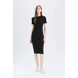 Bodycon Vücudu Saran Bisiklet Yaka Basic Düz Fitilli Kaşkorse Kısa Kollu Midi Elbise E6926AX25SP