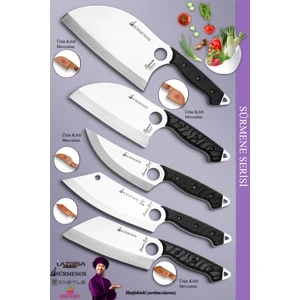 Sürmenox Sürmene Serisi Outdoor Bıçak Kamp Bıçağı Mutfak Şef Bıçak Bıçağı Deri Kılıflı 5 Li Set Siyah (Out-012)