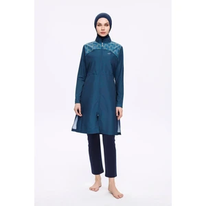 3 Parça Tam Tesettür Mayo Takımı Kadınlar İçin Desenli Petrol Mavisi Yazlık