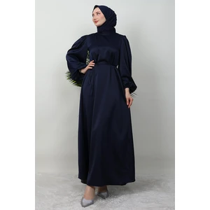 Giza Store Ince Kuşaklı Saten Elbise Lacivert