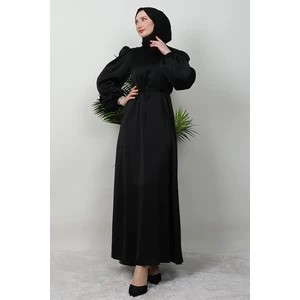 Giza Store Ince Kuşaklı Saten Elbise Siyah