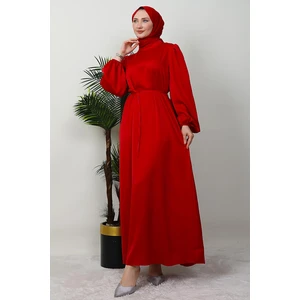 Giza Store Ince Kuşaklı Saten Elbise Kırmızı