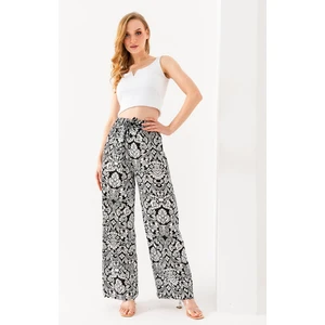 Kadın Palazzo Pantolon Siyah-Beyaz Çiçek Desenli Hafif Kumaş %100 Viskon - 25001