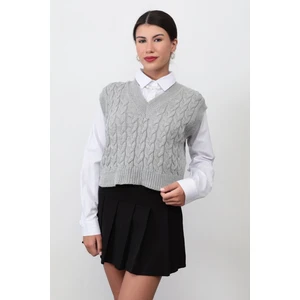 Gri Kadın V Yaka Saç Örgülü Crop Triko Süveter - 4007