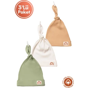 Unisex Bebek Arma Detaylı Bağlamalı Penye Organik Pamuklu Yenidoğan 3lü Bebek Bere Set