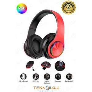 Kablosuz Kulaklık Bluetooth Mikrofonlu Kulaküstü Kulaklık LED Işıklı Katlanabilir Kırmızı