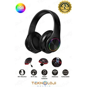 Bluetooth Kulaklık Kablosuz Kulaküstü Işıklı Katlanabilir Mikrofonlu Fm-Aux-Sd Siyah