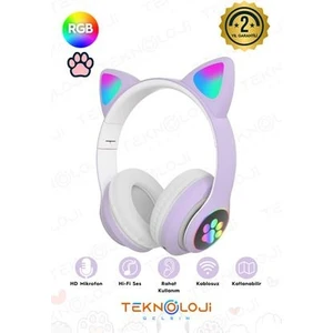Lila Bluetooth 5.0 Mikrofonlu Kablosuz Yüksek Ses Akıllı LED Işıklı Kedi Patili Rgb Mor Kulaklık