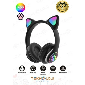 Siyah Bluetooth 5.0 Mikrofonlu Kablosuz Kulaklık Yüksek Ses Akıllı LED Işıklı Kedi Patili Rgb