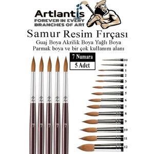 Resim Fırçası 7 Numara 5 Li 1 Paket Samur Yuvarlak Uçlu Fırça Seti Guaj Sulu Akrilik Yağlı Boya Fırçaları