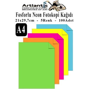 Neon Fosforlu Renkli A4 Fotokopi Kağıdı 100 Lü 1 Paket 100 Adet Fosforlu 5 Renk Parlak Canlı Renkler Fotokopi Kağıdı