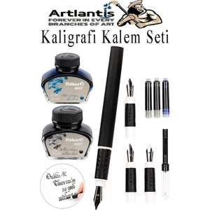 Kaligrafi Dolma Kalem Seti 4 Lü 1 Paket Mavi ve Siyah Yedek Mürekkep Hat Yazma Tasarım Sanat Kalemi Hattat