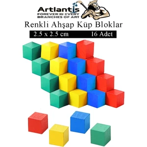 Renkli Ahşap Küp Bloklar 2.5x2.5 cm 16 Adet Ahşap Renkli Kare Blok Eğitici Geliştirici Oyuncak Küp Matematik Birim Küp