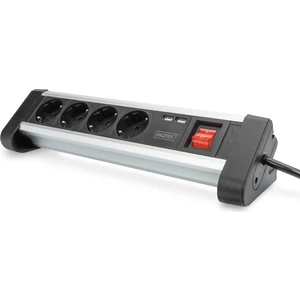 Ofis Tipi 4&#039;lü Grup Priz, 2 x USB port (5V/2.4A, mobil cihazları şarj etmek için), açma/kapama düğmeli, alüminyum, siyah/gümüş renk