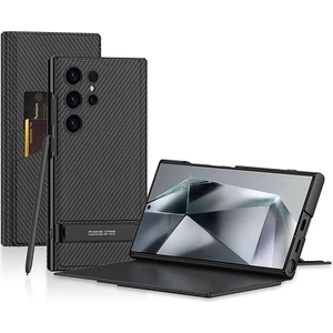 Galaxy S24 Ultra Kılıf Kamera Korumalı Karbon Tasarım Zore Droga Standlı Kartlıklı Kapaklı Kılıf-Siy