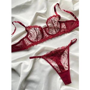Merlif Lingerie Bordo Dantelli Brode Iç Çamaşır Takımı Bralette (Balenli Sütyen &tanga)