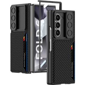 Galaxy Z Fold 6 Kılıf Kamera Korumalı Karbon Fiber Arka Yüzey Zore Kartlıklı Kıpta Sert Kapak-Siyah-