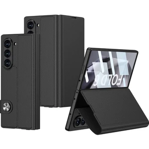Galaxy Z Fold 6 Kılıf Suni Deri Tasarımlı Magnetik Tokalı ve Kartlıklı Zore Kıpta Zegna Kapak-Siyah-