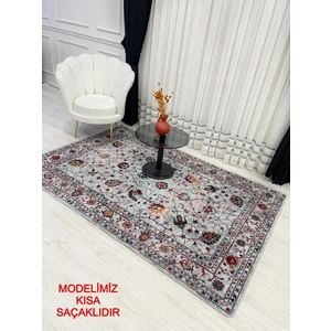 Gri Renk  Vintage Çiçekli Lateks Kaymaz Taban Halı