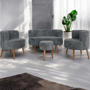 Gri Teddy Kumaş Çay Seti Ikili Koltuk Berjer ve Çift Kişilik Puf  (Salon, Balkon, Ofis) 4'lü Takım