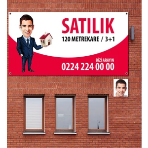 Kişiye Özel Karikatür Satılık & Kiralık Afiş Branda (1 Metre x 2 Metre) Model 1