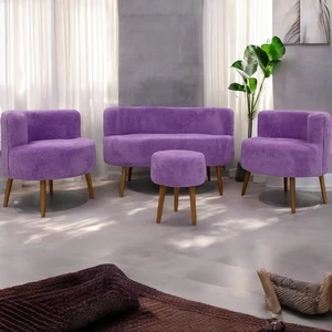 Lila Teddy Kumaş Çay Seti Ikili Koltuk Berjer ve Çift Kişilik Puf  (Salon, Balkon, Ofis) 4'lü Takım