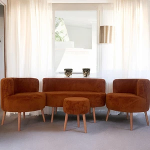 Kahverengi Teddy Kumaş Çay Seti Ikili Koltuk Berjer ve Çift Kişilik Puf  (Salon, Balkon, Ofis) 4'lü Takım