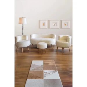 Beyaz Teddy Kumaş Çay Seti Ikili Koltuk Berjer ve Çift Kişilik Puf  (Salon, Balkon, Ofis) 4'lü Takım