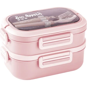 018-01- Pembe Paslanmaz Çelik 2 Katlı Çatal ve Kaşıklı Yemek Taşıma Kabı 1.65L