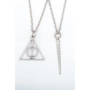 2'li Harry Potter Ölüm Yadigarları Üçgen - Antik Çubuk Gümüş Kaplama Kolye Seti