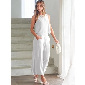 Keten Yazlık Yüksel Bel Capri Pantolon Sırt Detaylı Kolsuz İkili Takım