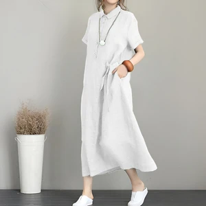 Barbora Keten Günlük Kısa Kol Tam Boy Yazlık Salaş Kadın Elbise Ln245Ekru1