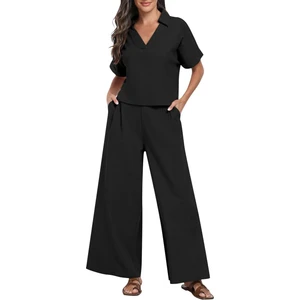 Zarif Kadin T-Shirt ve Uzun Pantolon Alt Üst Ikili Takım V Yaka Kısa Kollu Salaş Rahat Elbise  LN27SIYAH