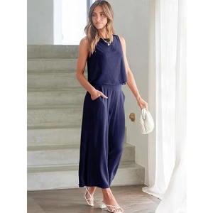 Keten Yazlık Yüksek Bel Kapri Pantolon Sırt Detaylı Kolsuz İkili Takım