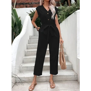Barbora Keten Kadın V Yaka Tek Sıra Düğmeli Kolsuz Tulum LN28SIYAH2
