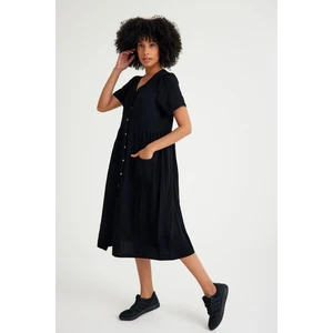 Keten Günlük Rahat V Yaka Beli Büzgü Detaylı Düğmeli Elbise