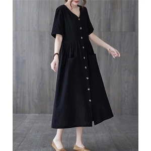 Keten Günlük Rahat V Yaka Beli Büzgü Detaylı Düğmeli Elbise