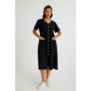 Keten Günlük Rahat V Yaka Beli Büzgü Detaylı Düğmeli Elbise