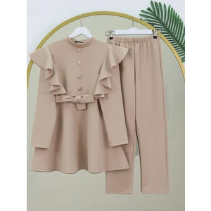 Düğme Detaylı Dik Yaka Omuzu Fırfırlı Scuba Takım