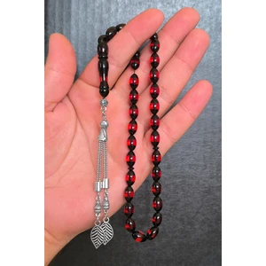 Silvera Telkari Erkek Tesbih Kırmızı Sürmeli Toz Kehribar Tesbih BT014